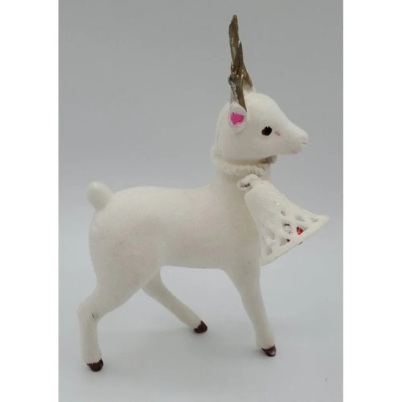 Vintage 2 Plastic White Flocked Chistmas Reindeer Large Bell JAPAN - Picture 4 of 9
